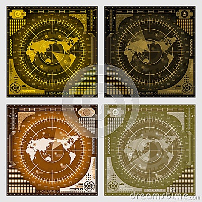 Set of abstract digital radar screens with world map, targets and futuristic user interface Vector Illustration