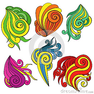 Set of abstract doodle curls with bright colorful elements, decorative spirals for design Vector Illustration