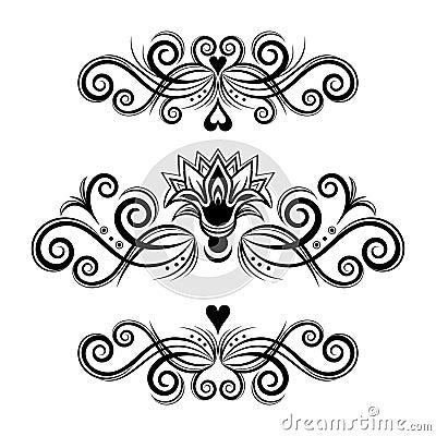 Set abstract floral ornament, delimiter, frame, border, pattern, black and white drawing with curls, swirl, flower, hear, Vector Illustration