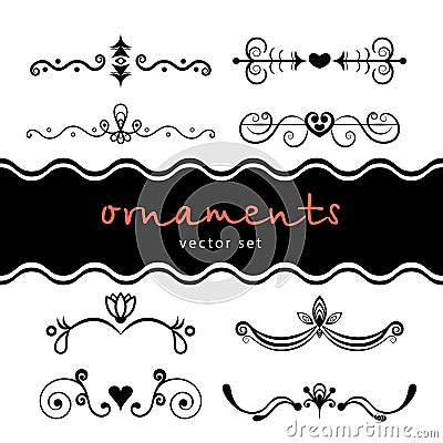 Set abstract floral ornament, delimiter, frame, border, pattern, black and white drawing with curls, swirl, flower, hear, Vector Illustration