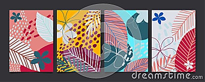 Set of abstract floral pattern with tropical flowers and leaves. Creative universal art background. Wedding, anniversary, party Cartoon Illustration