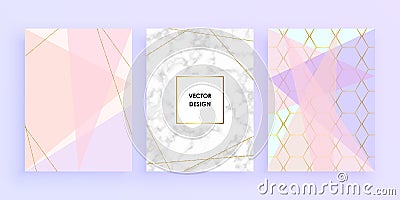 Set abstract geometric designs with gold, glitter, cream, light blue, pastel pink and marble texture background. Vector trendy geo Stock Photo