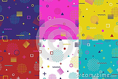 Set of abstract geometric seamless pattern in Memphis style. Fashion 80s-90s trends designs, Retro funky graphic with Vector Illustration