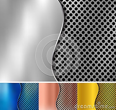 Set of abstract gold, copper, silver, blue metallic metal background made from hexagon pattern texture with curve sheet iron. Vector Illustration