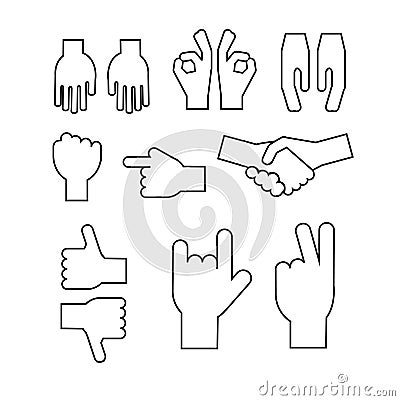 Set of abstract hands. Different gestures, handshake, signals. Icons and symbols black outline Vector Illustration