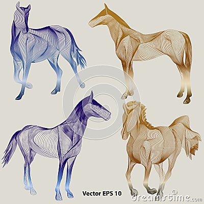 Set of abstract horses on a gray background. Vector Illustration