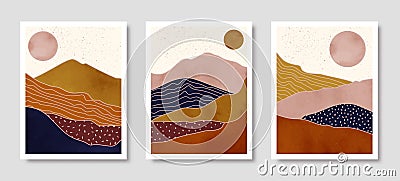 Set of Abstract Landscape of Mountains with the Sun in a Minimal Trendy Style. Vector Background in Terracotta Colors Vector Illustration