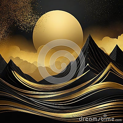 Set of abstract landscapes art gold and black concept Cartoon Illustration