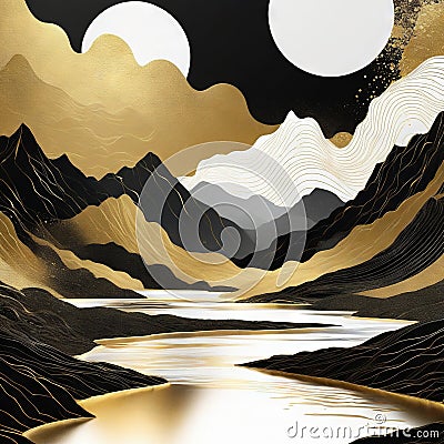 Set of abstract landscapes art gold black and white concept Cartoon Illustration