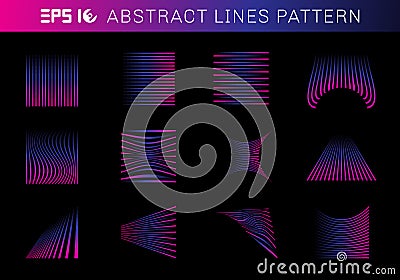 Set of abstract lines pattern elements blue and pink color on black background Vector Illustration