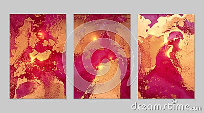 Set of abstract magenta and gold backgrounds with marble texture and shining glitter Vector Illustration