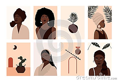 Set of abstract modern african american woman faces portraits artistic trendy background Vector Illustration