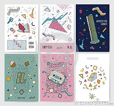 Set of abstract modern cards templates with isolated geometric elements. Collection retro style poster. Trendy colors. Vector Illustration