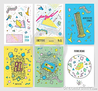 Set of abstract modern cards templates with isolated geometric elements. Collection retro style poster. Trendy 80s-90s Vector Illustration