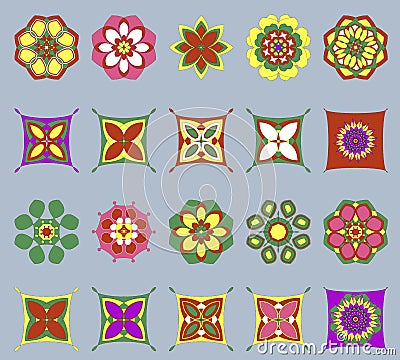 Set of abstract multicolor elements isolated on gray background. Twenty details from which you can make a variety of patterns. Vector Illustration