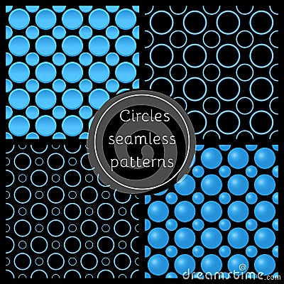 Set of abstract neon circles on black background. Vector Illustration