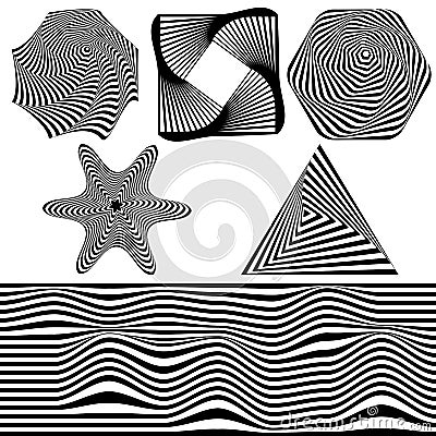 Set of Abstract optical art elements for concept design. 3d optical illusion, line art. Minimal geometric background. Optical Vector Illustration