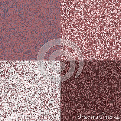 Set of 4 abstract ornamental seamless patterns in marsala color. Vector Illustration