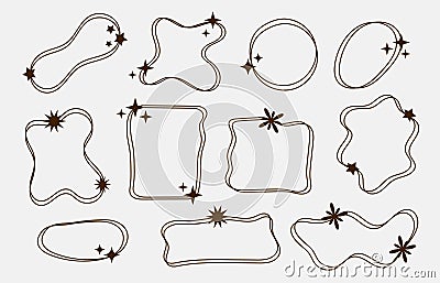 Set of abstract outline blob with stars shape. Scallop frame border in doodle y2k style. Design elements Vector Illustration