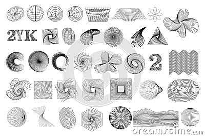 Set of abstract outline y2k geometric wireframe elements, shapes. Retro elements Vector Illustration
