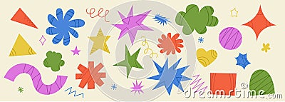 Set of abstract playful shape. Retro spiked explosion stickers. Bursting multicolored textured star. Design elements Vector Illustration