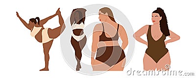 A set of abstract portraits of international plus size women in underwear. Curvy faceless woman. Vector Illustration