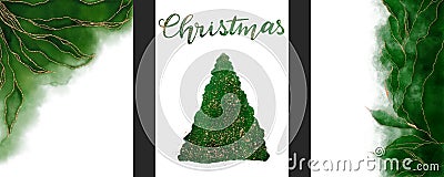 Set of abstract poster handmade green watercolor background. Silhouette of Christmas tree isolated on a white background. Stock Photo