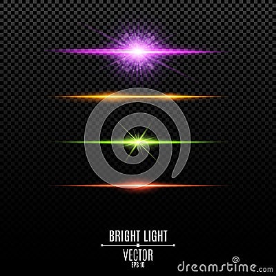 Set. Abstract purple, orange, green, red glare and flashes isolated on a transparent background. Bright radiant star. Multicolor b Cartoon Illustration