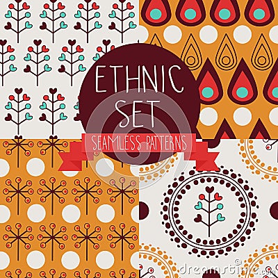 Set of abstract seamless patterns, drop and floral ethnic elements Vector Illustration