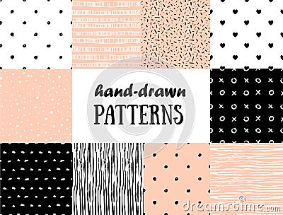 Set of abstract seamless patterns in pink, white and black Vector Illustration