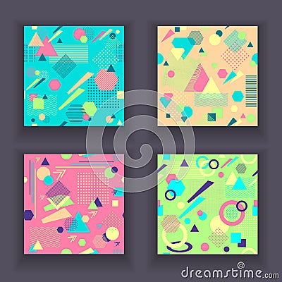 Set Abstract seamless patterns in postmodern Memphis Style Vector Illustration