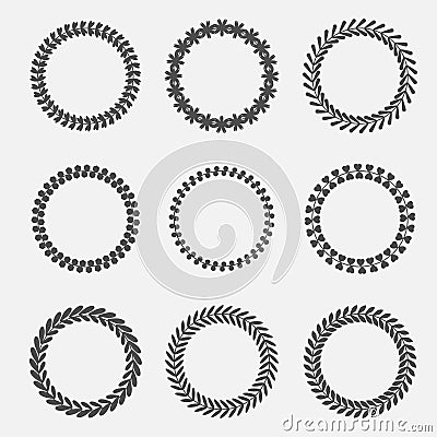 Set of abstract silhouette round leaves laurel foliate wheat wreaths. Flat design. Vector Illustration