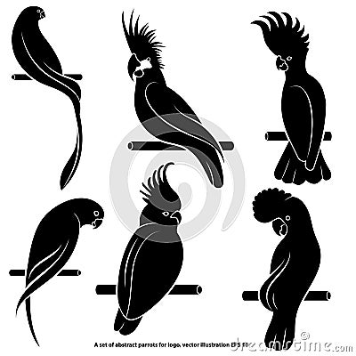Set of abstract silhouettes of parrots, isolated, for logo, on a white background Vector Illustration