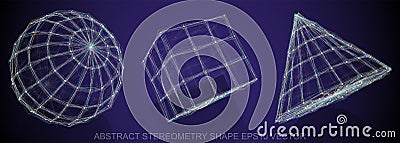 Set of Abstract stereometry shape: sketched Sphere, Cube, Cone. Hand drawn 3D polygonal objects. EPS 10, . Cartoon Illustration