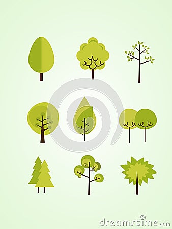 Collection set flat icons tree, pine, oak, spruce, fir, garden bush isolated on white - vector - Vector Vector Illustration