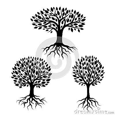 Set of abstract stylized trees with roots and leaves. Natural illustration Vector Illustration