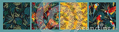 Set of abstract tropical seamless patterns. Parrots, tropical plants, animal print. Modern exotic design Vector Illustration