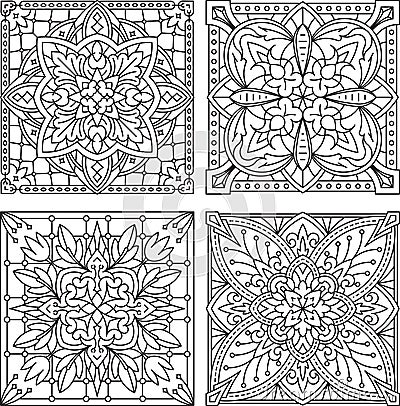 Set of 4 abstract vector black square lace designs in mono line Vector Illustration