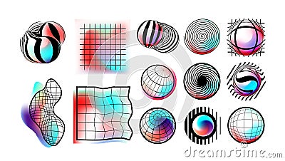 Set of abstract vector geometric objects of round and square shapes, meshes and funnels Vector Illustration