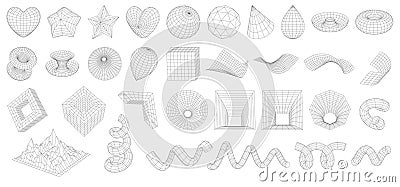 Set of Abstract wireframe 3D geometric shapes. Mesh grids. Cube, drop, spiral, mountain landscape, star, heart Vector Illustration