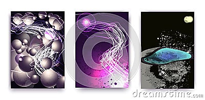 A set of 3 abstractions with a cosmic theme, a planet and fashionable ovals and stripes. Futuristic abstract design Vector Illustration