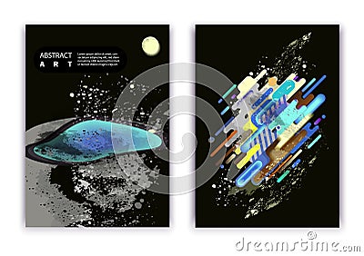 A set of 2 abstractions with a cosmic theme, a planet and fashionable ovals and stripes. Vector Illustration