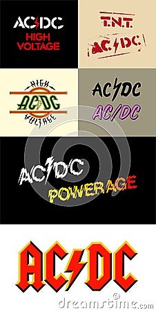 Set of AC/DC band 1970`s era vector logos. Vector Illustration