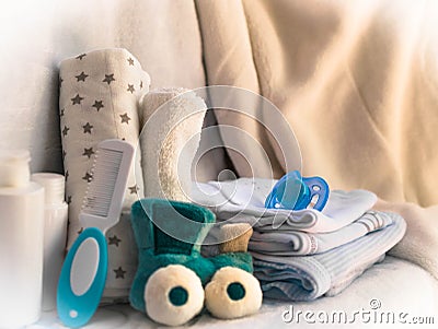 Set of accessories for baby things for child care. maternal concern about the baby. closeup Stock Photo