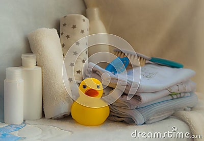 Set of accessories for baby things for child care. maternal concern about the baby. closeup Stock Photo