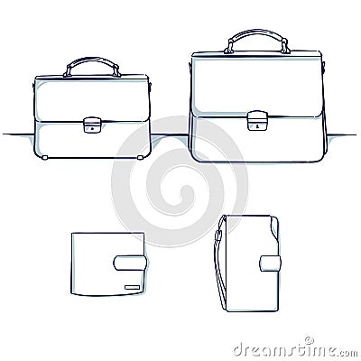 Set of accessories for a businessman: a suitcase, pocketbook, notecase, purse, wallet. Vector Illustration