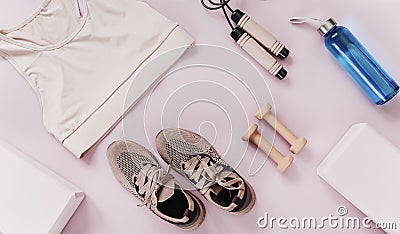 Set of accessories for fitness, yoga. Bra, pink block for yoga, bottle for water, dumbbells, sneakers, skipping rope Stock Photo
