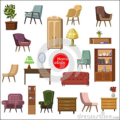 Set of accessories and furniture. Armchairs of different types, sofa, table, shelf, home plant, mirror bookcase, lamp Vector Illustration