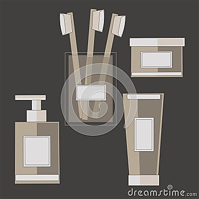 A set of accessories for hygiene, bath, teeth cleaning, washing, face and body skin care. Cosmetics and hygiene. Liquid soap, toot Vector Illustration