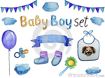 Set of accessories and items for a newborn boy, watercolor illustration isolated Cartoon Illustration